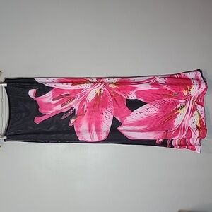 Y2K Mesh Maxi Skirt Size XL Black Floral Sheer Resortwear Vacation Swim Cover Up